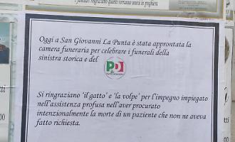 "Funerali" per il PD in paese: il giallo del manifesto anonimo